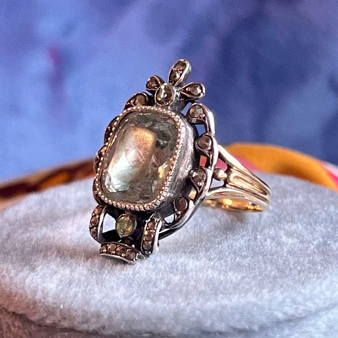 Antique French Ring Gold and Silver Set Aquamarine and Marcasite, c. 1890
