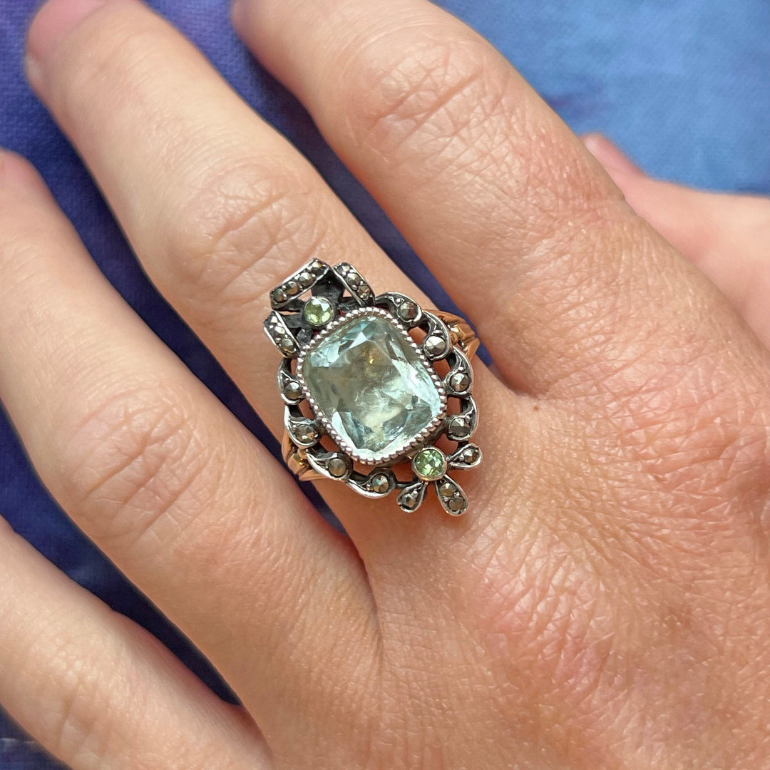 Antique French Ring Gold and Silver Set Aquamarine and Marcasite, c. 1890