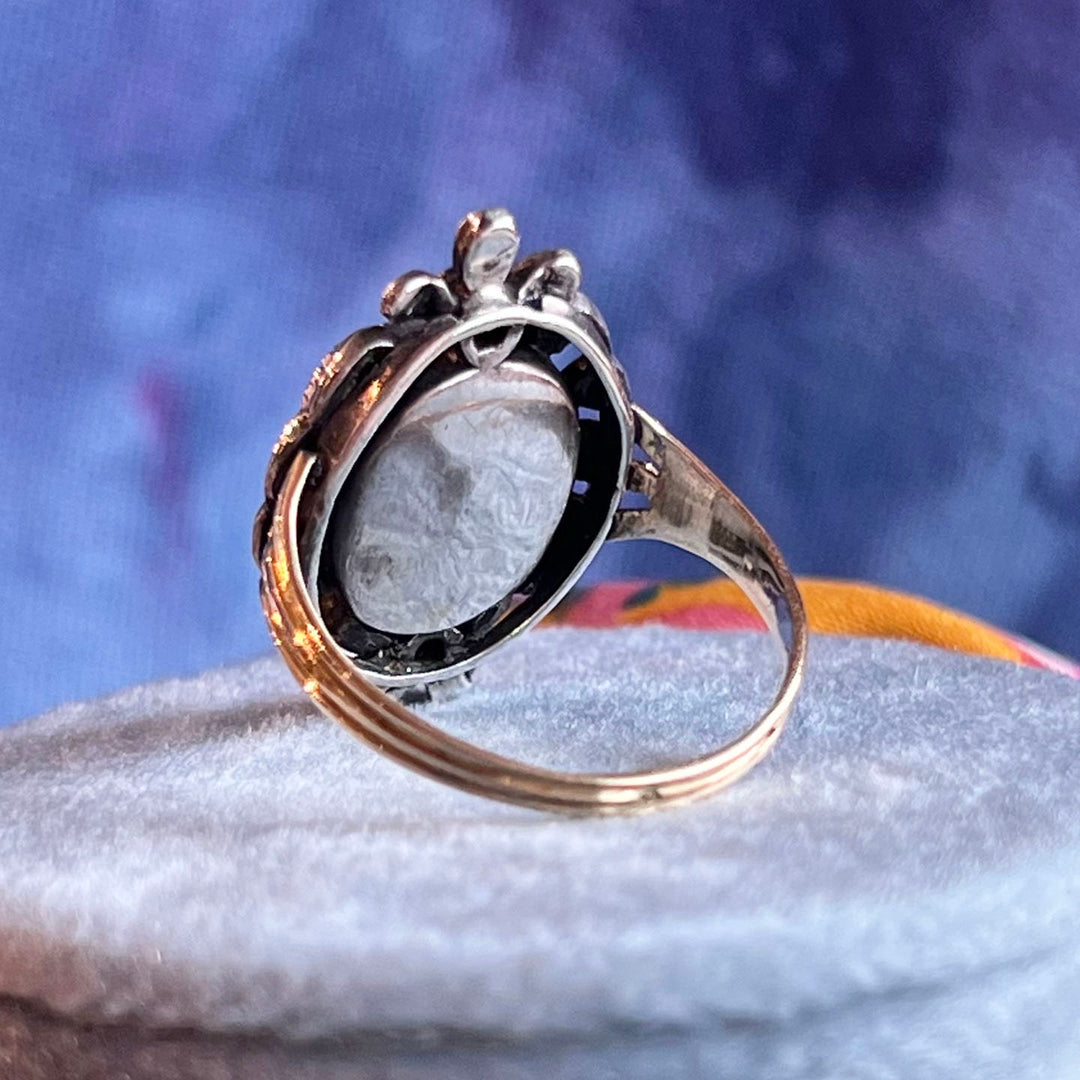 Antique French Ring Gold and Silver Set Aquamarine and Marcasite, c. 1890