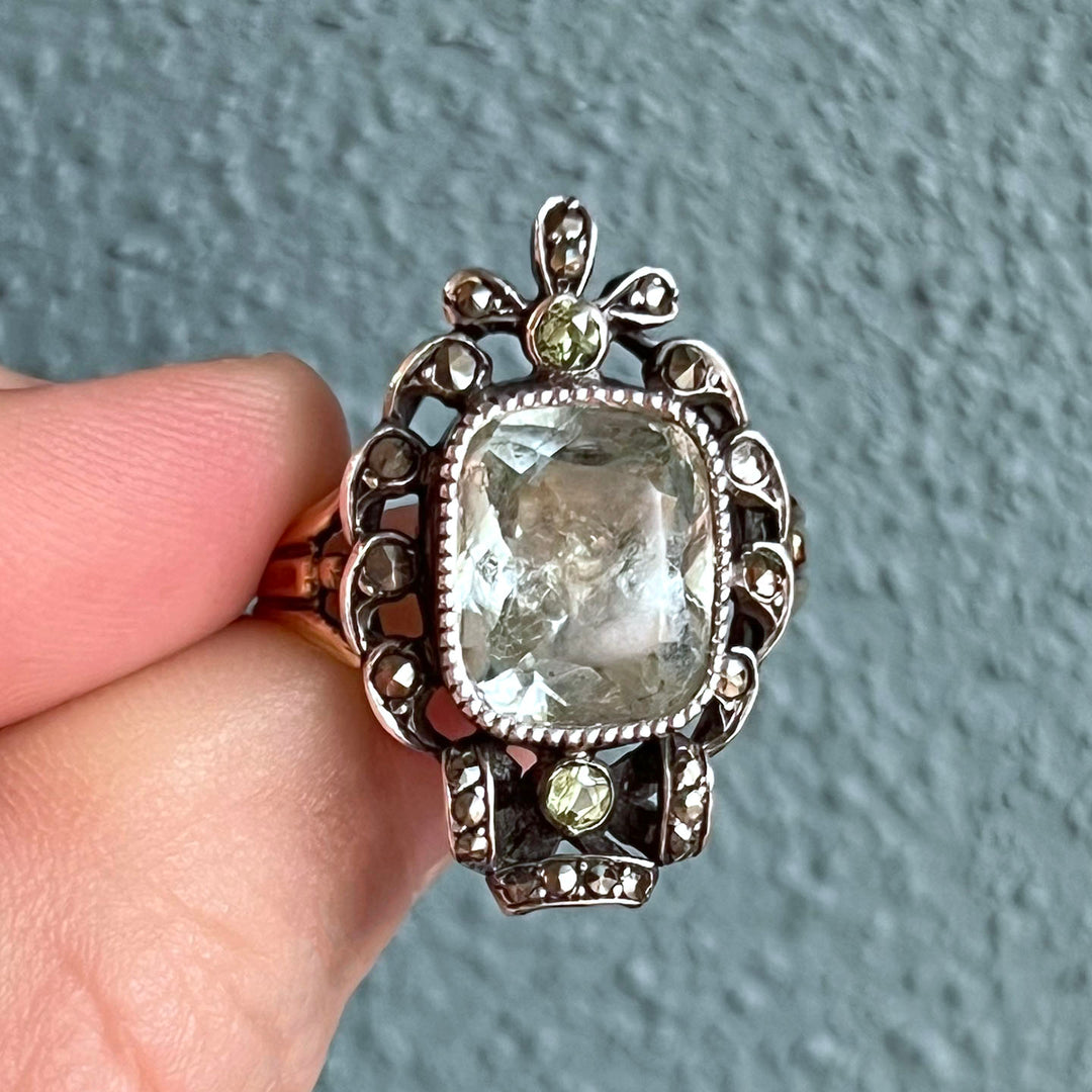 Antique French Ring Gold and Silver Set Aquamarine and Marcasite, c. 1890
