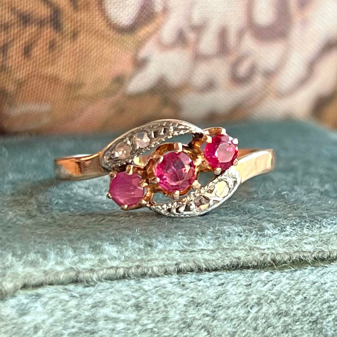 Antique French Ruby and Diamond Toi et Moi Ring in 18 Karat Gold