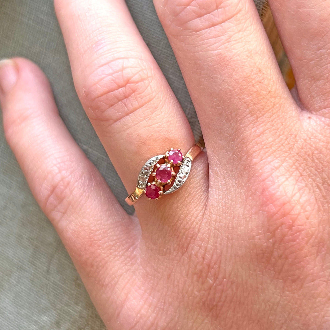 Antique French Ruby and Diamond Toi et Moi Ring in 18 Karat Gold
