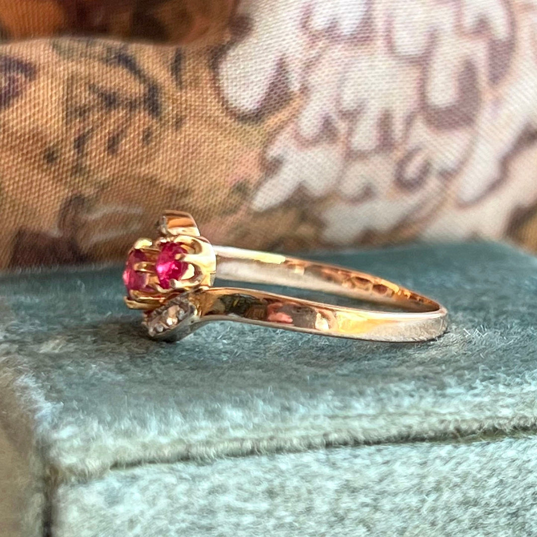 Antique French Ruby and Diamond Toi et Moi Ring in 18 Karat Gold