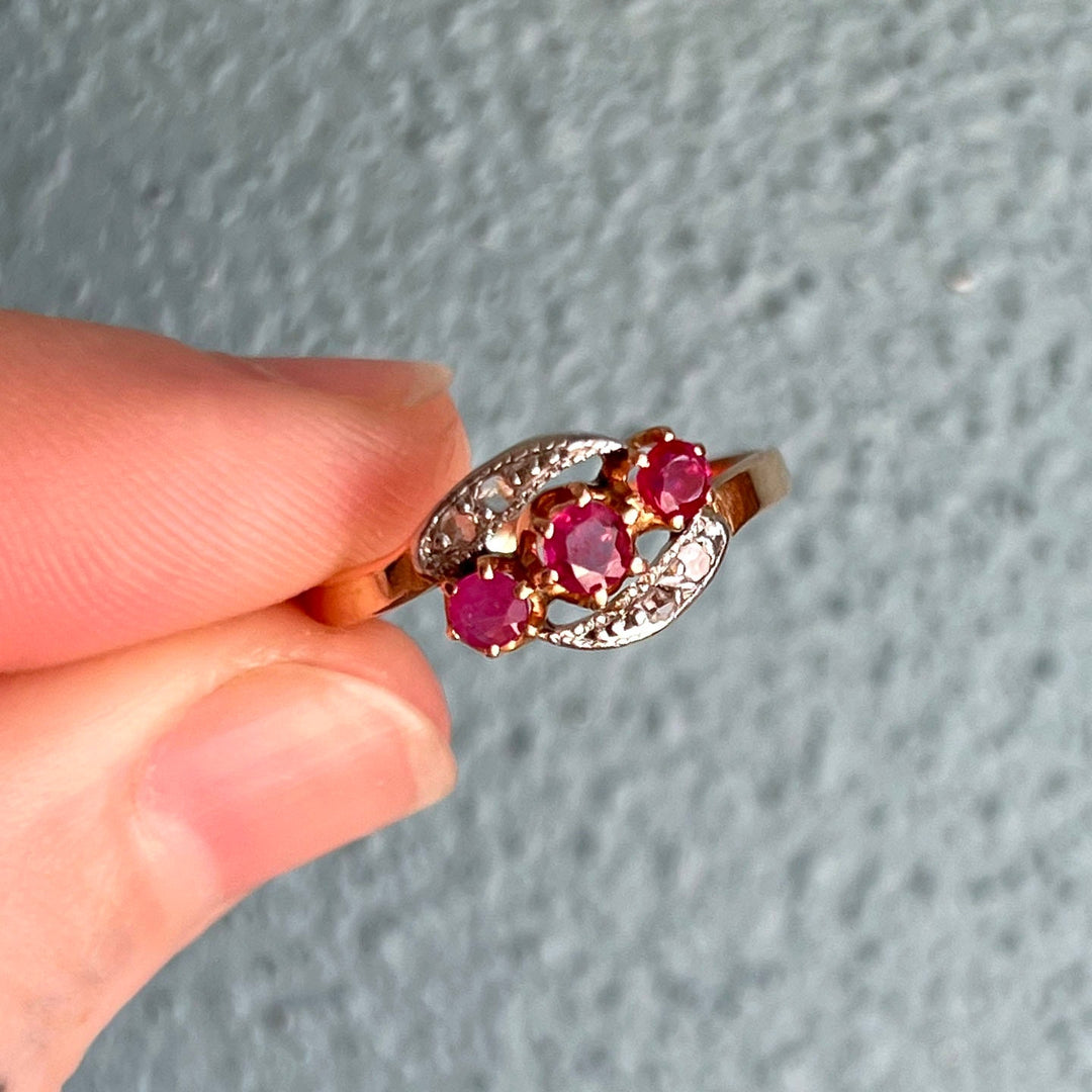 Antique French Ruby and Diamond Toi et Moi Ring in 18 Karat Gold