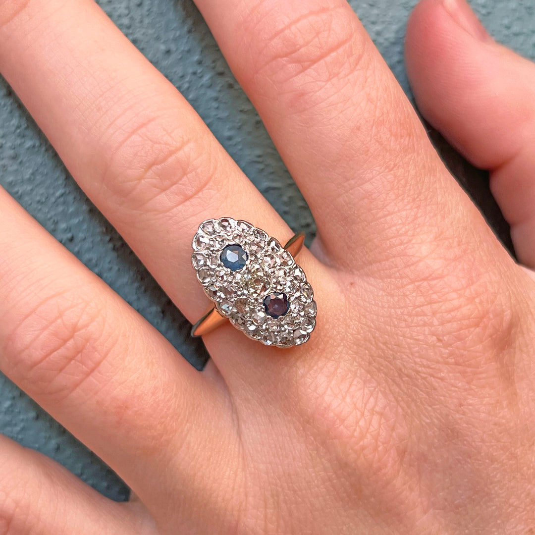 Antique French Sapphire & Diamond Ring 18k Gold Platinum c.1890