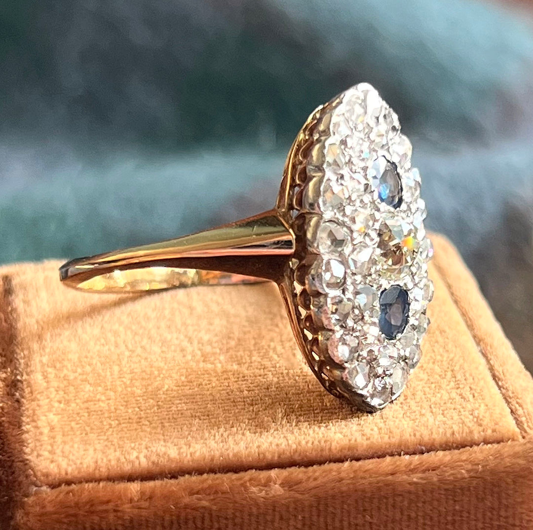 Antique French Sapphire & Diamond Ring 18k Gold Platinum c.1890