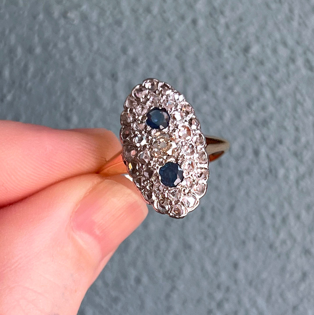 Antique French Sapphire & Diamond Ring 18k Gold Platinum c.1890
