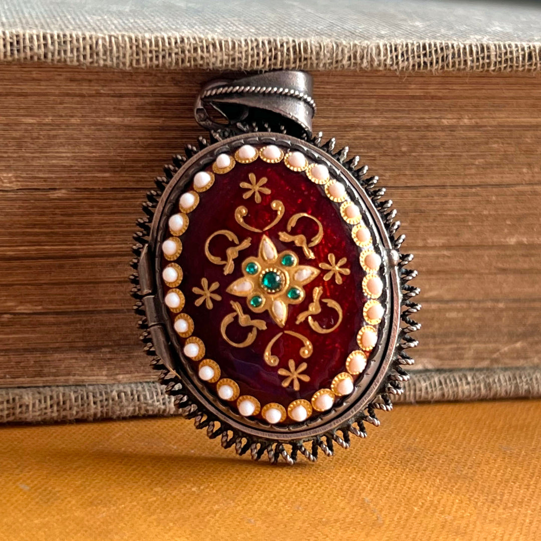 Antique French Silver & Enamel Oval Locket c.1870