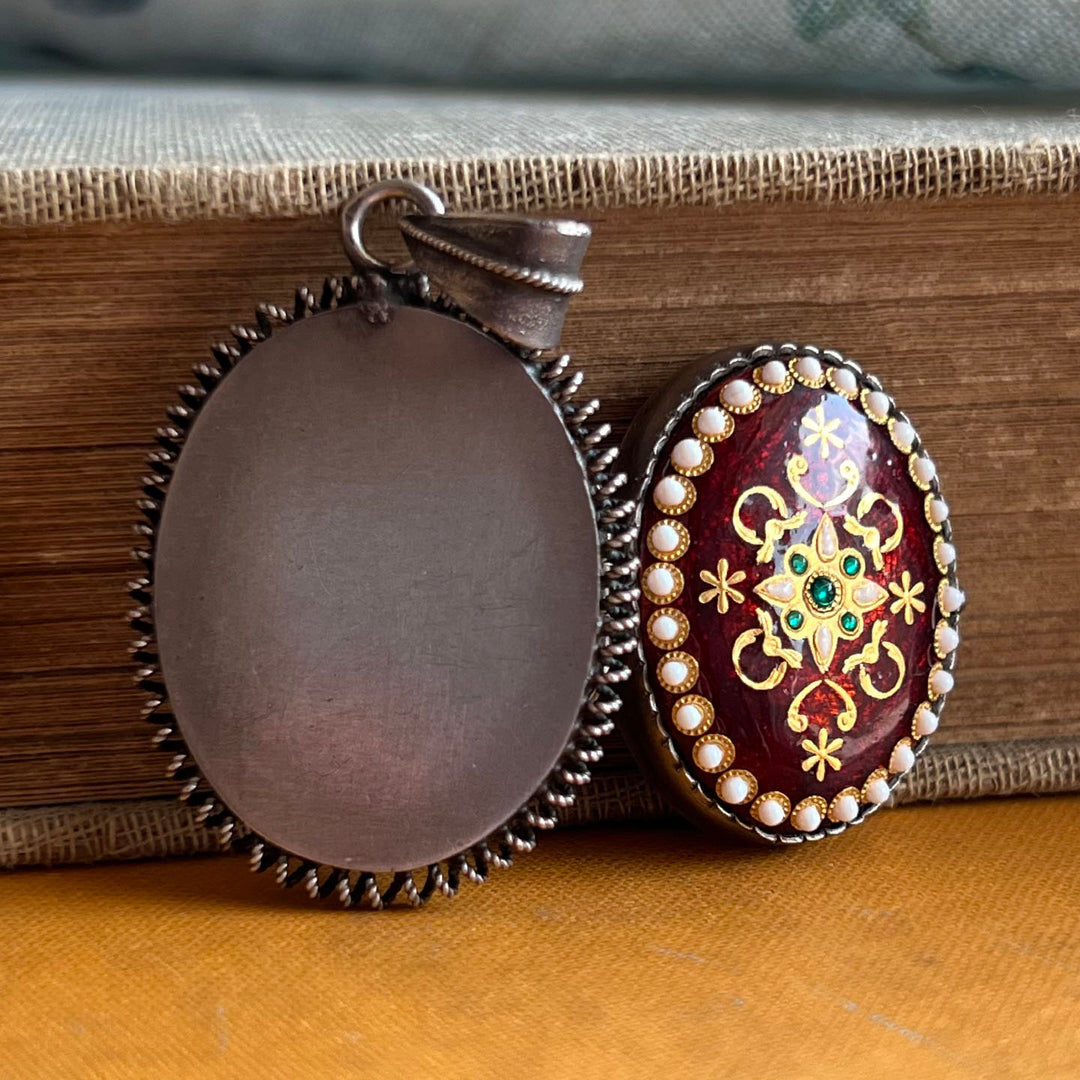 Antique French Silver & Enamel Oval Locket c.1870