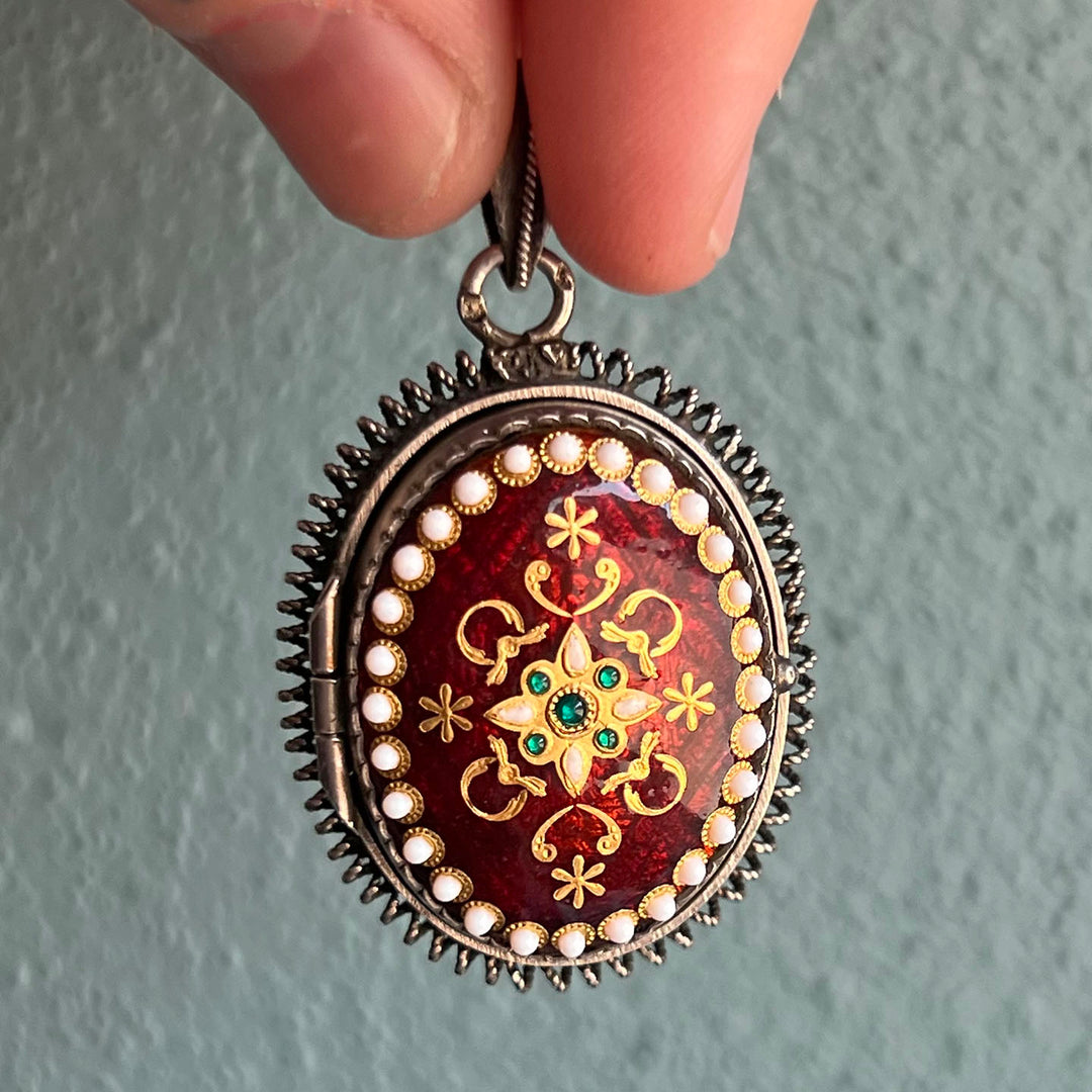Antique French Silver & Enamel Oval Locket c.1870