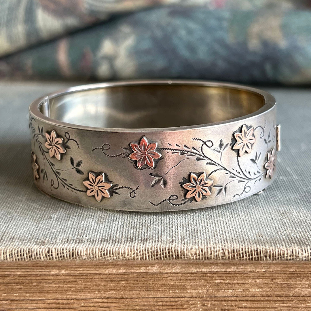 Antique French Silver Floral Vine Bangle Bracelet, c.1880