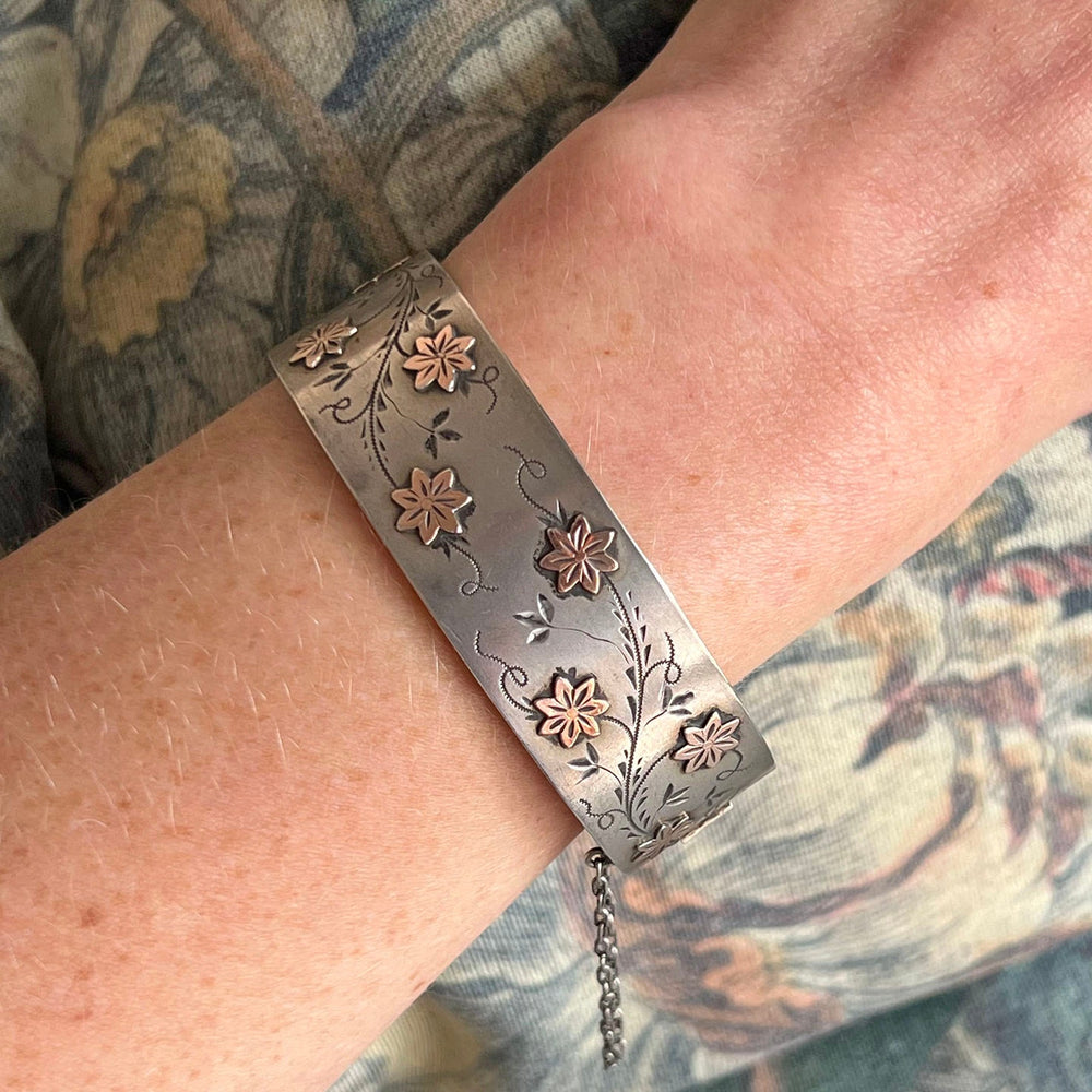 Antique French Silver Floral Vine Bangle Bracelet, c.1880