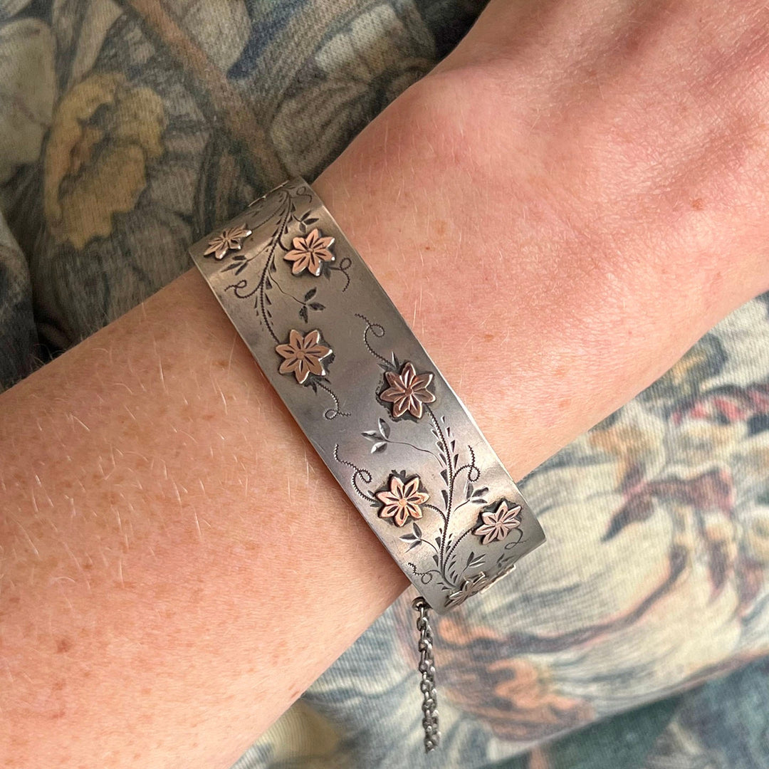 Antique French Silver Floral Vine Bangle Bracelet, c.1880