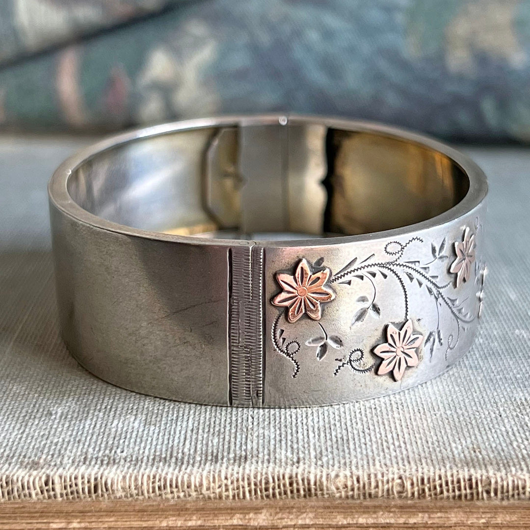 Antique French Silver Floral Vine Bangle Bracelet, c.1880