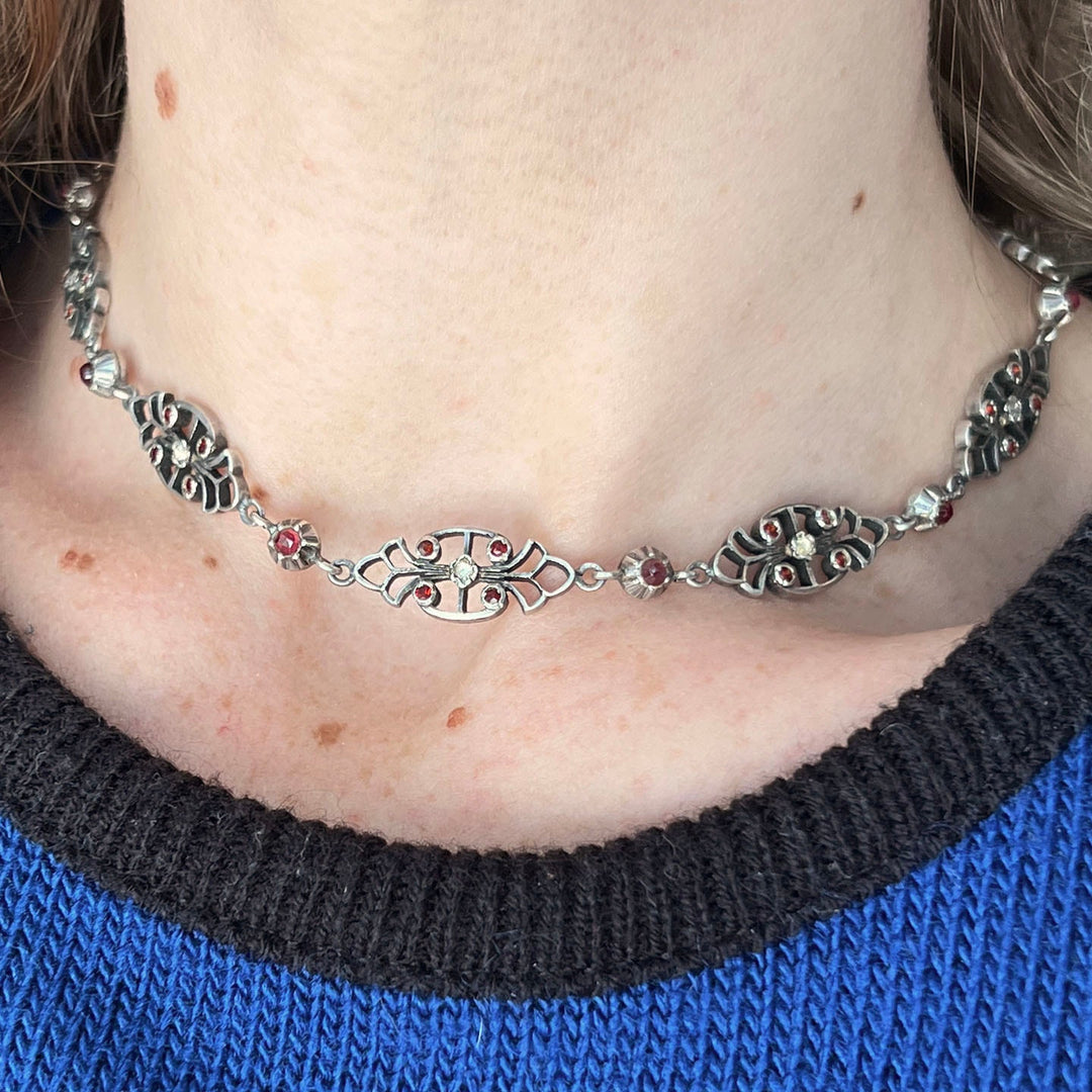 Antique French Silver Garnet and Diamond Link Necklace, Victorian Jewelry, circa 1860