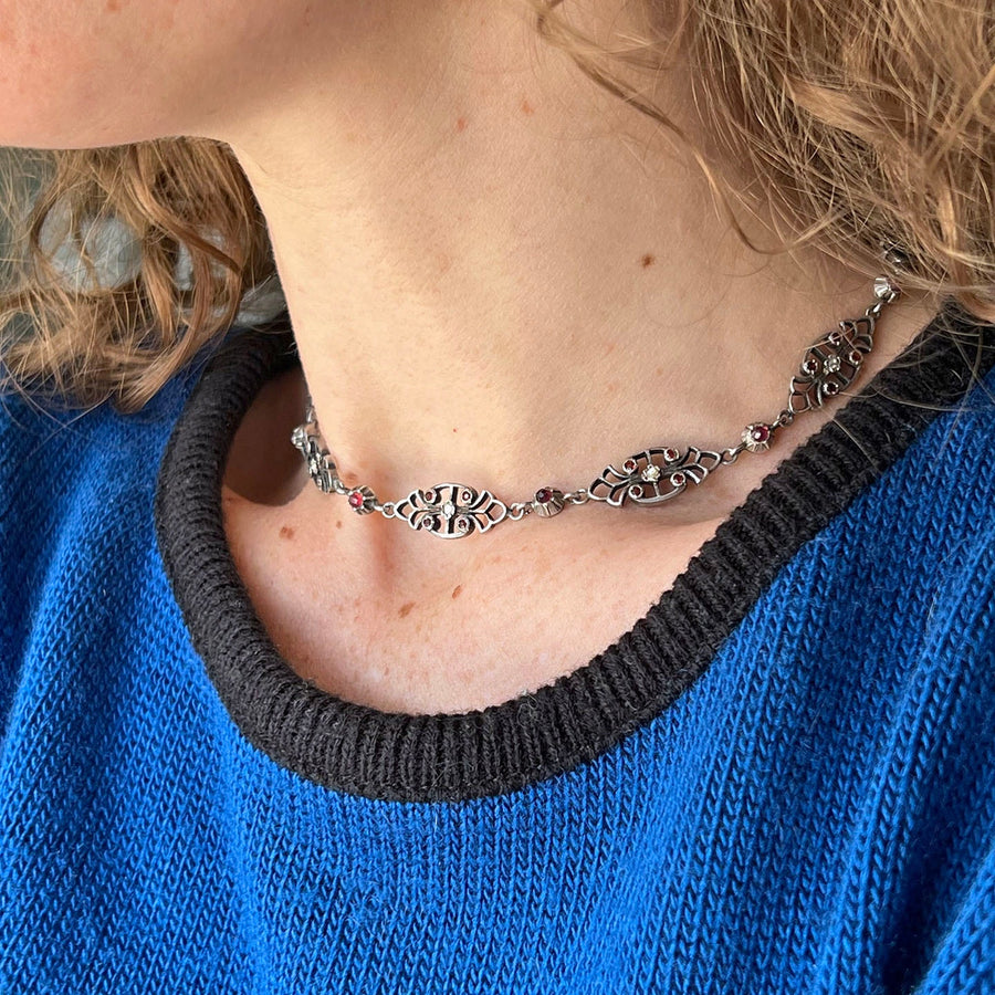 Antique French Silver Garnet and Diamond Link Necklace, Victorian Jewelry, circa 1860