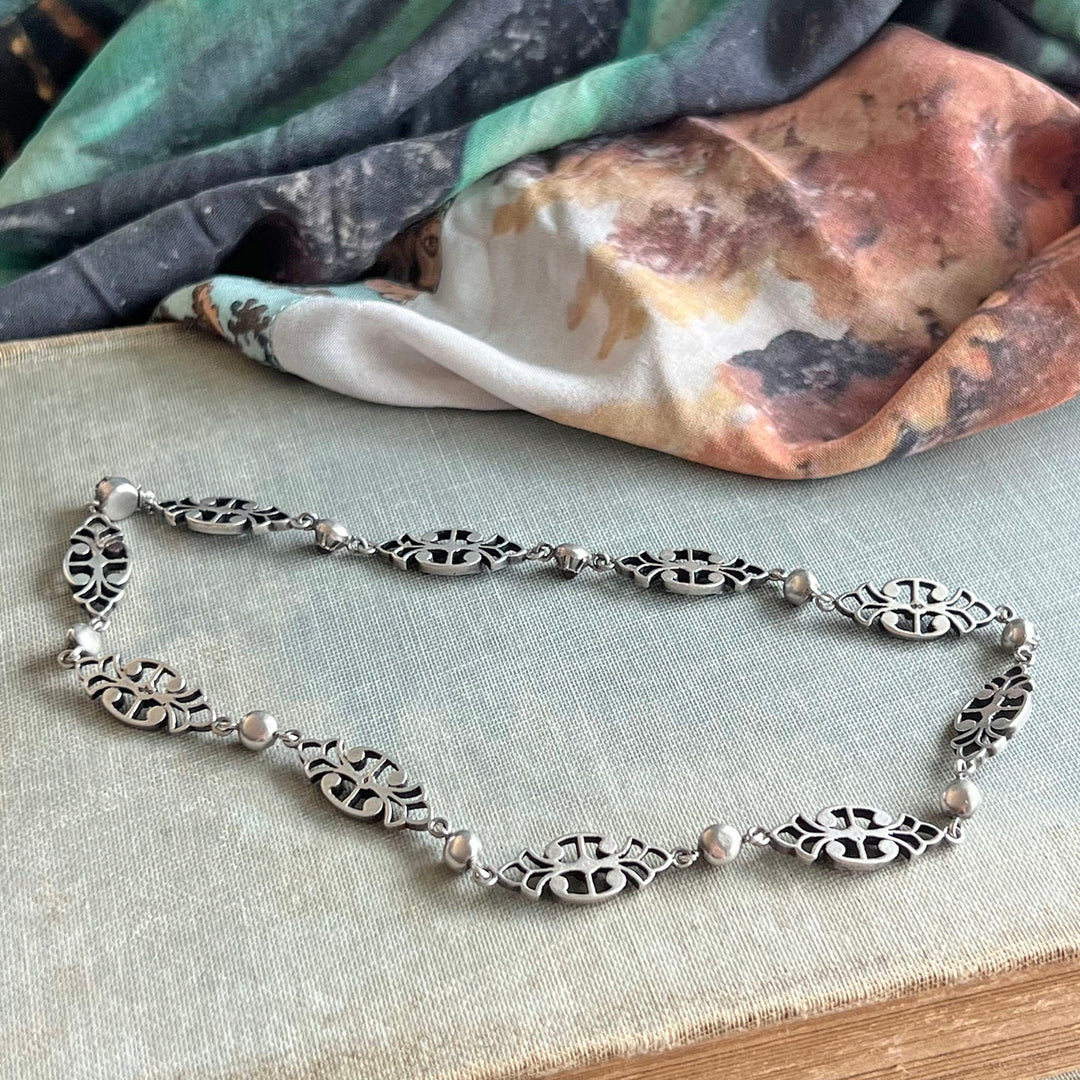 Antique French Silver Garnet and Diamond Link Necklace, Victorian Jewelry, circa 1860