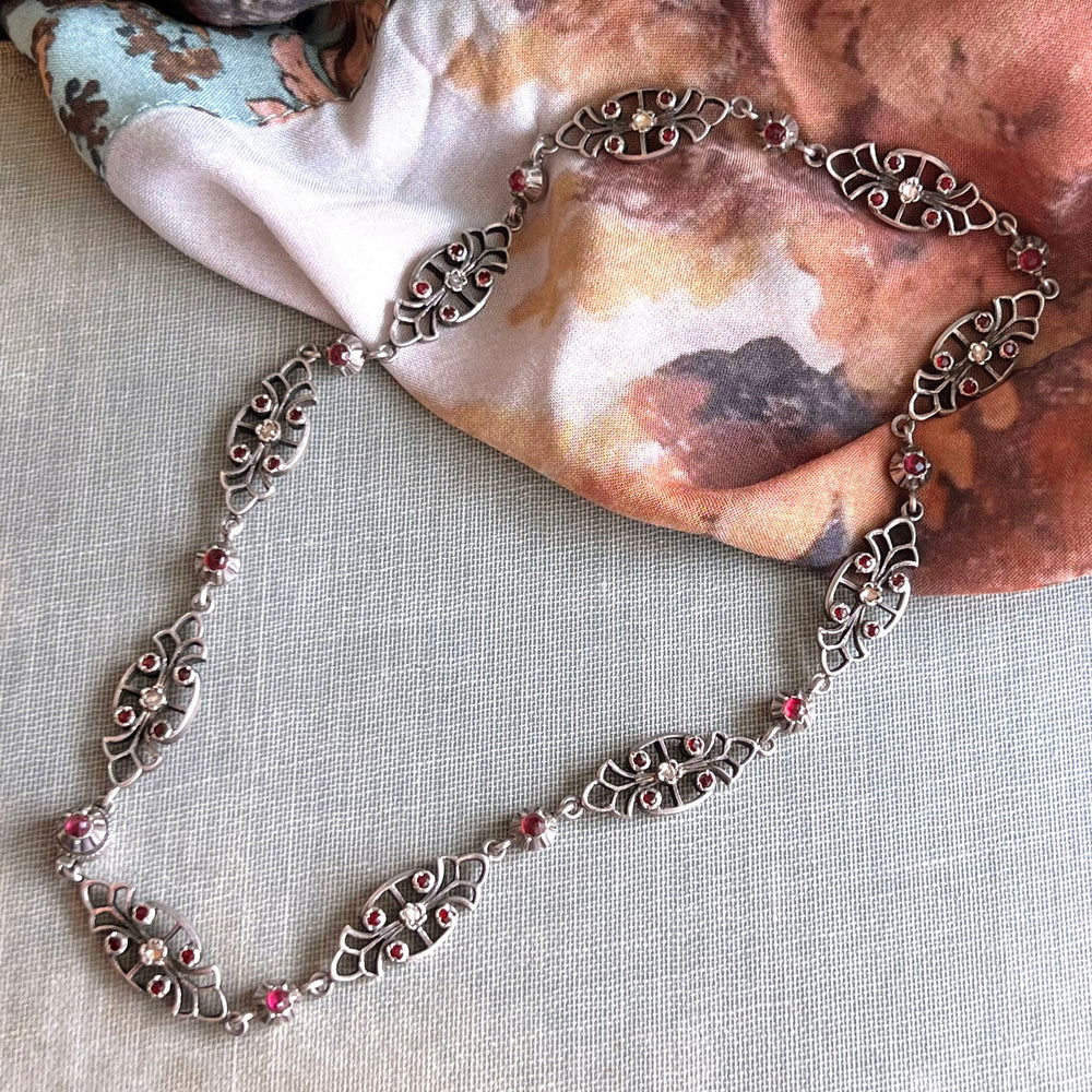Antique French Silver Garnet and Diamond Link Necklace, Victorian Jewelry, circa 1860