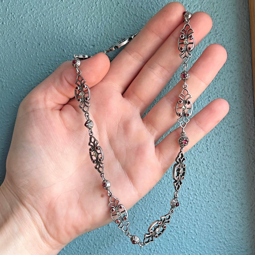 Antique French Silver Garnet and Diamond Link Necklace, Victorian Jewelry, circa 1860