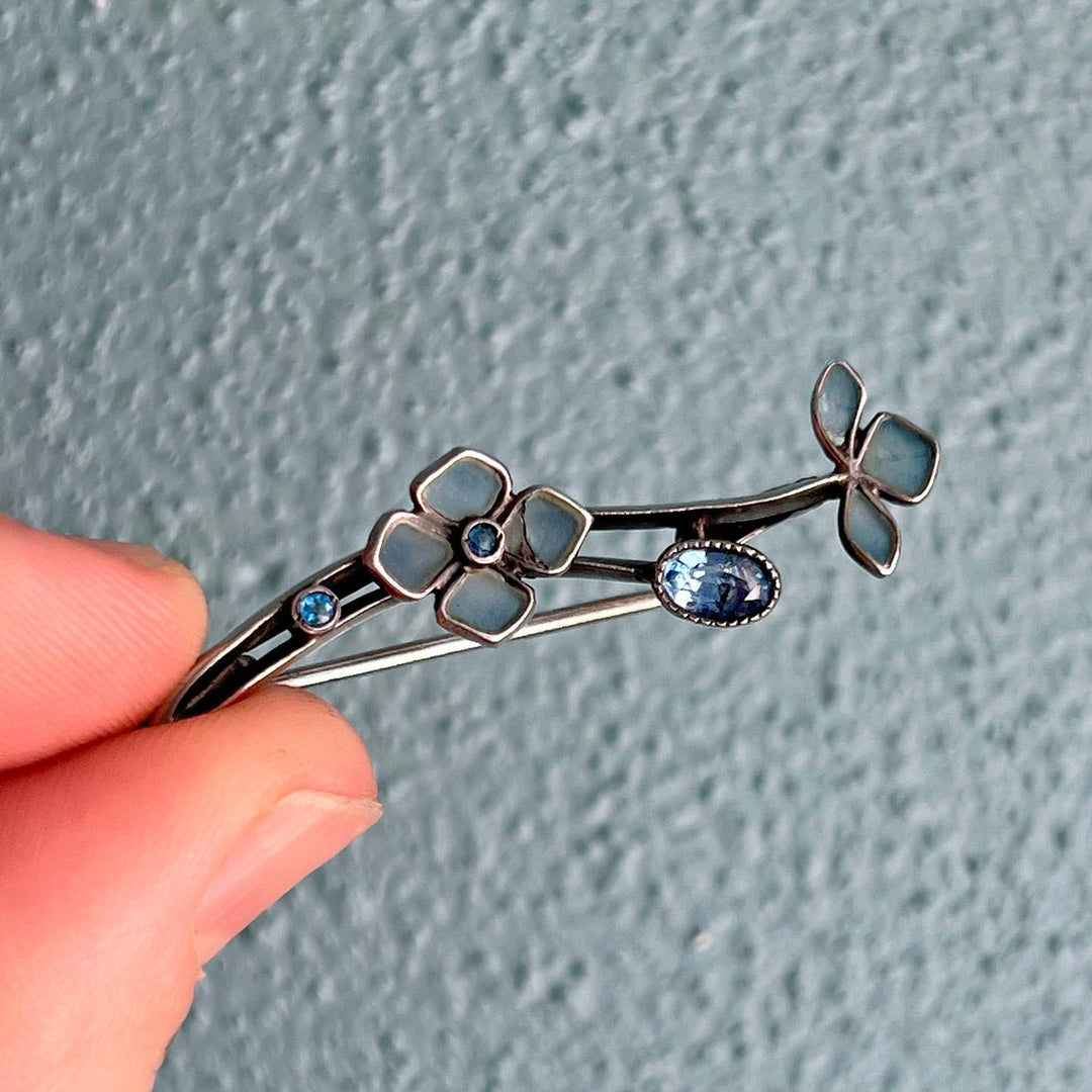 Antique French Silver Plique-à-Jour Floral Brooch with Sapphires c. 1900