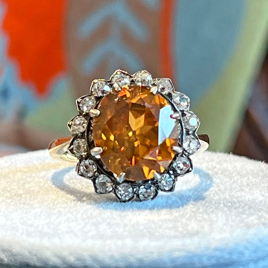 Antique Orange Zircon Diamond Cluster Ring c. 1900