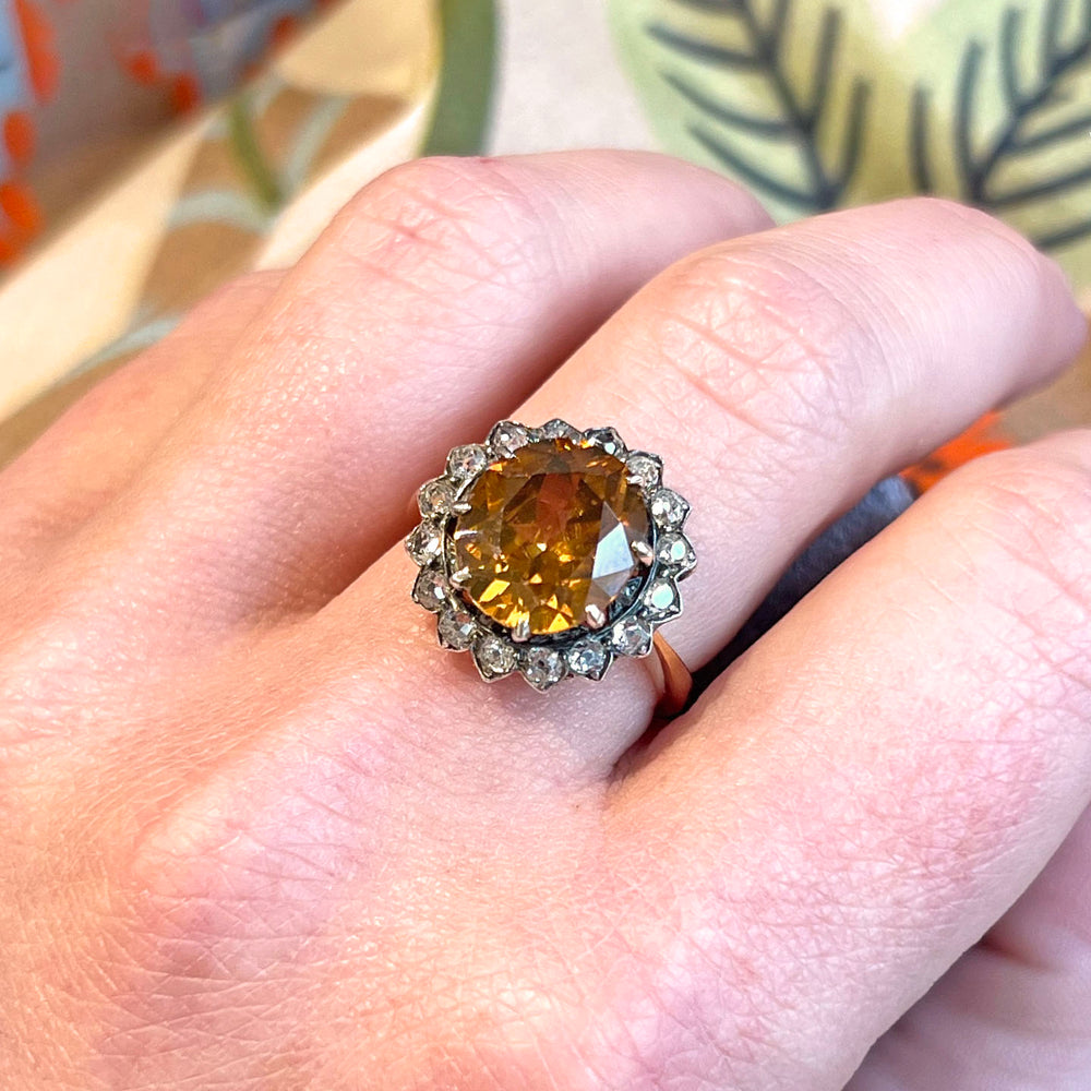Antique Orange Zircon Diamond Cluster Ring c. 1900