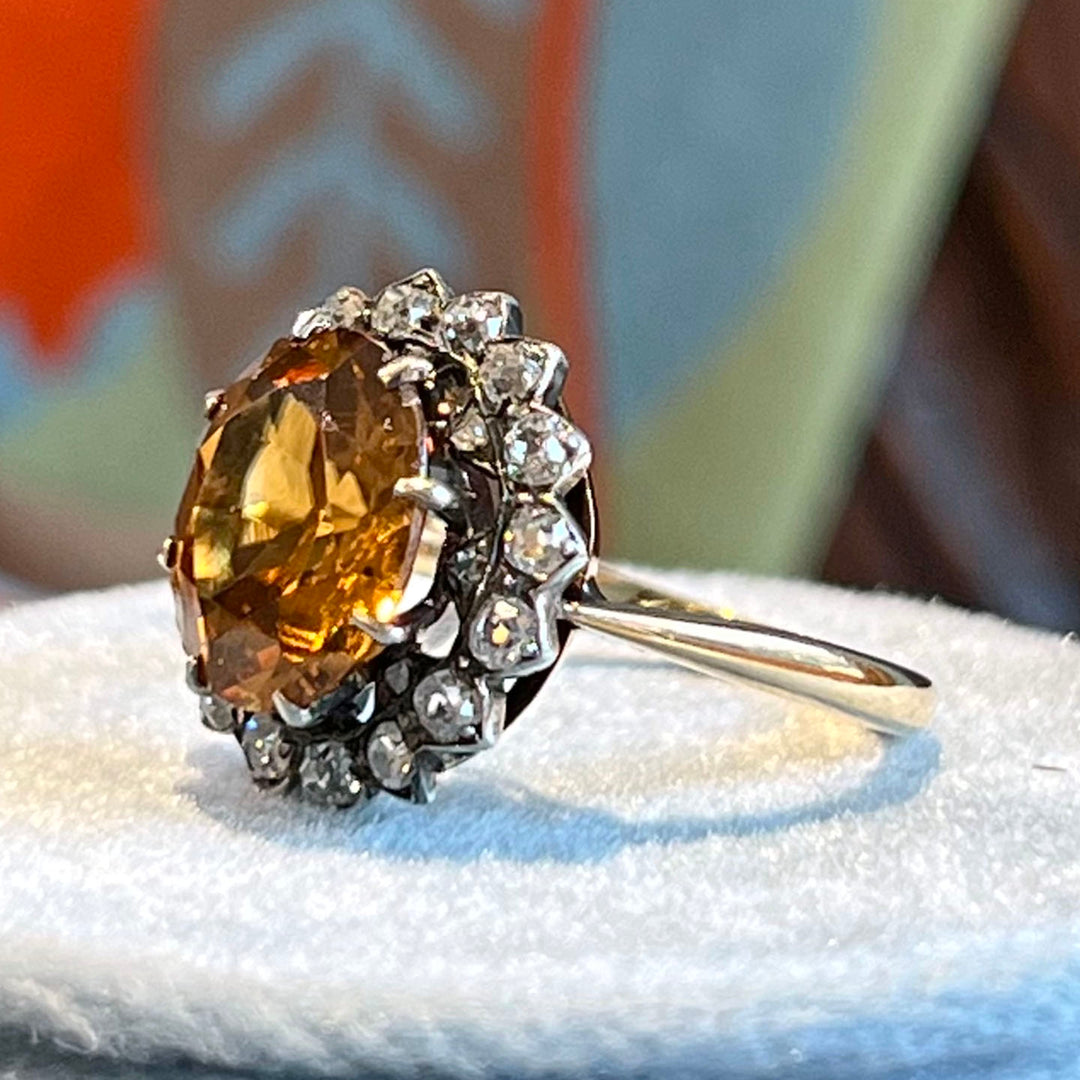 Antique Orange Zircon Diamond Cluster Ring c. 1900