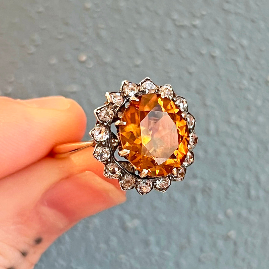 Antique Orange Zircon Diamond Cluster Ring c. 1900