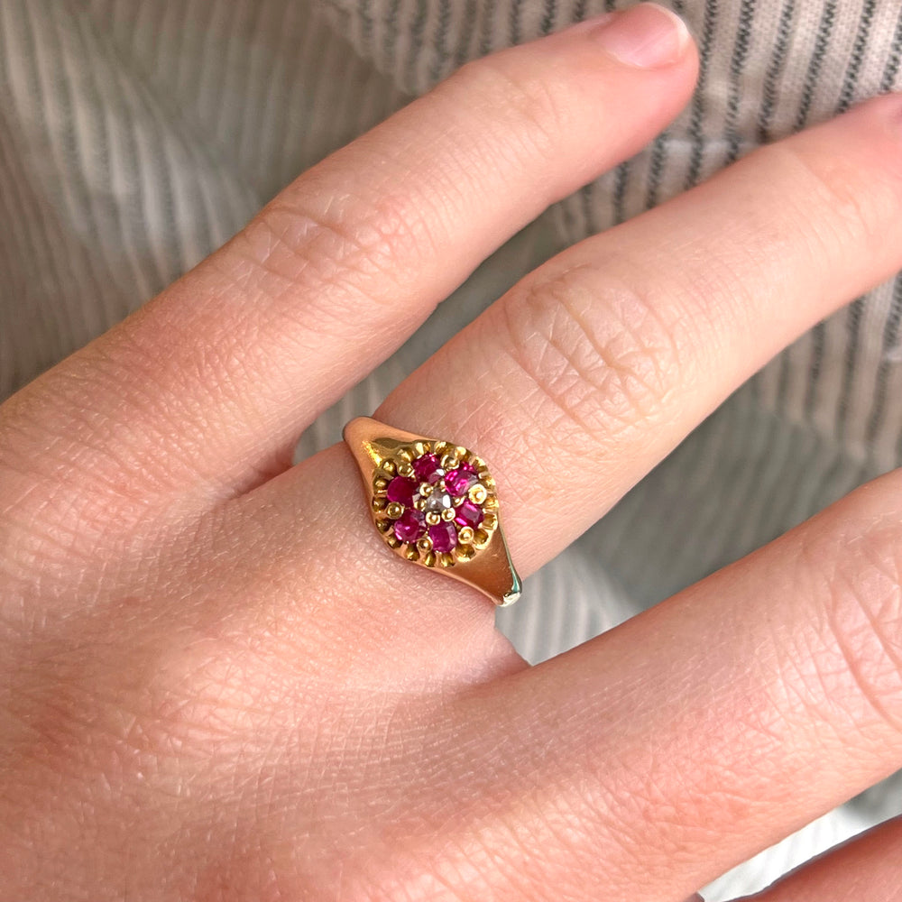 Antique Ruby and Diamond Floral Cluster Gold Ring