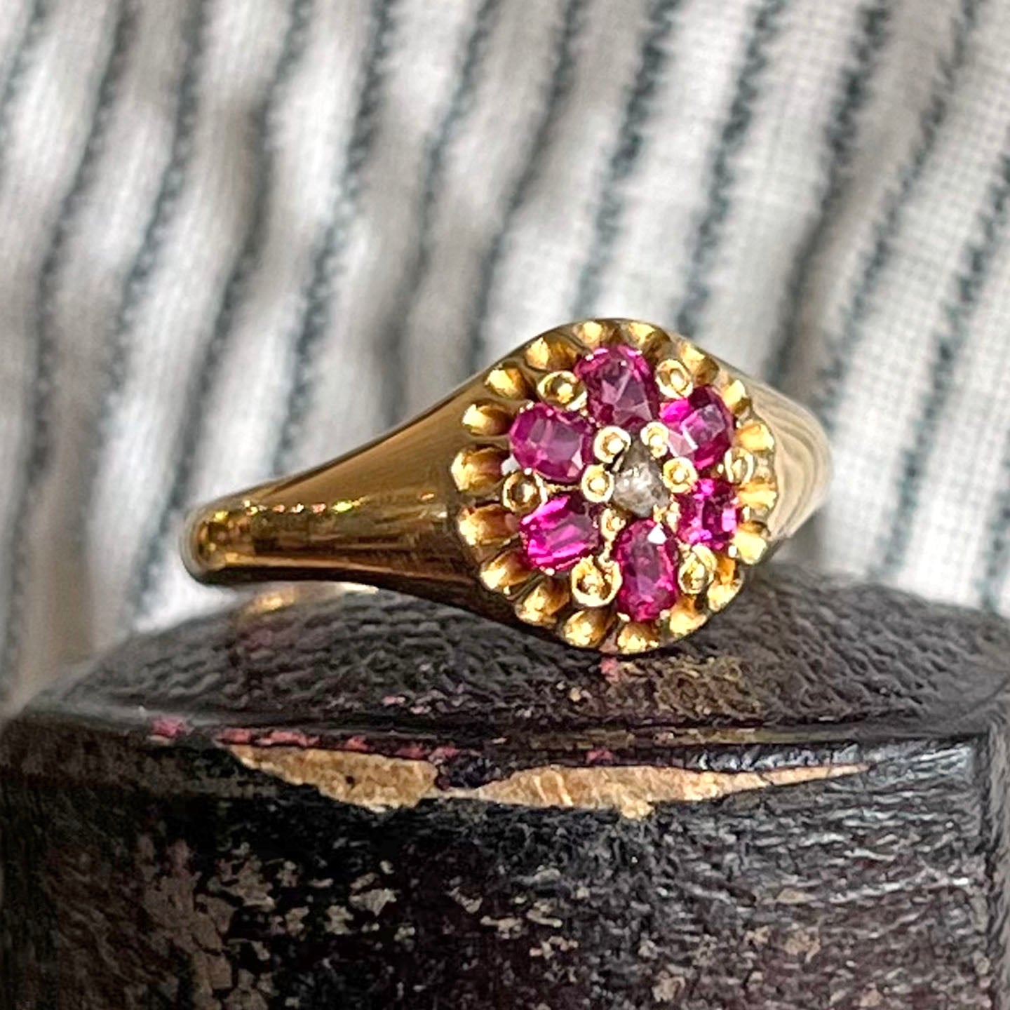 Antique Ruby and Diamond Floral Cluster Gold Ring