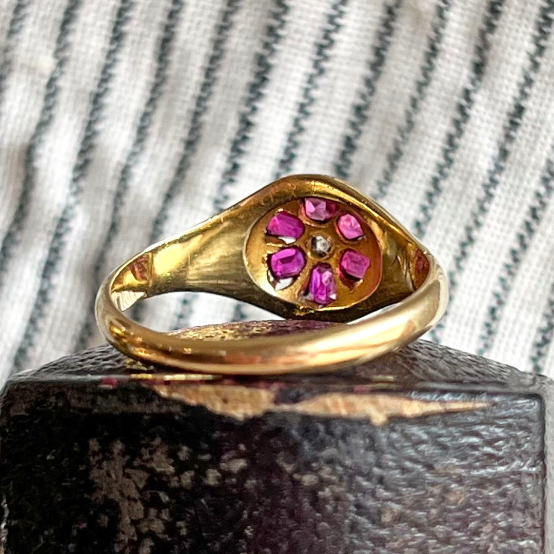 Antique Ruby and Diamond Floral Cluster Gold Ring