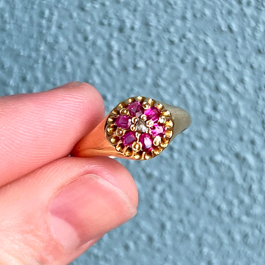 Antique Ruby and Diamond Floral Cluster Gold Ring