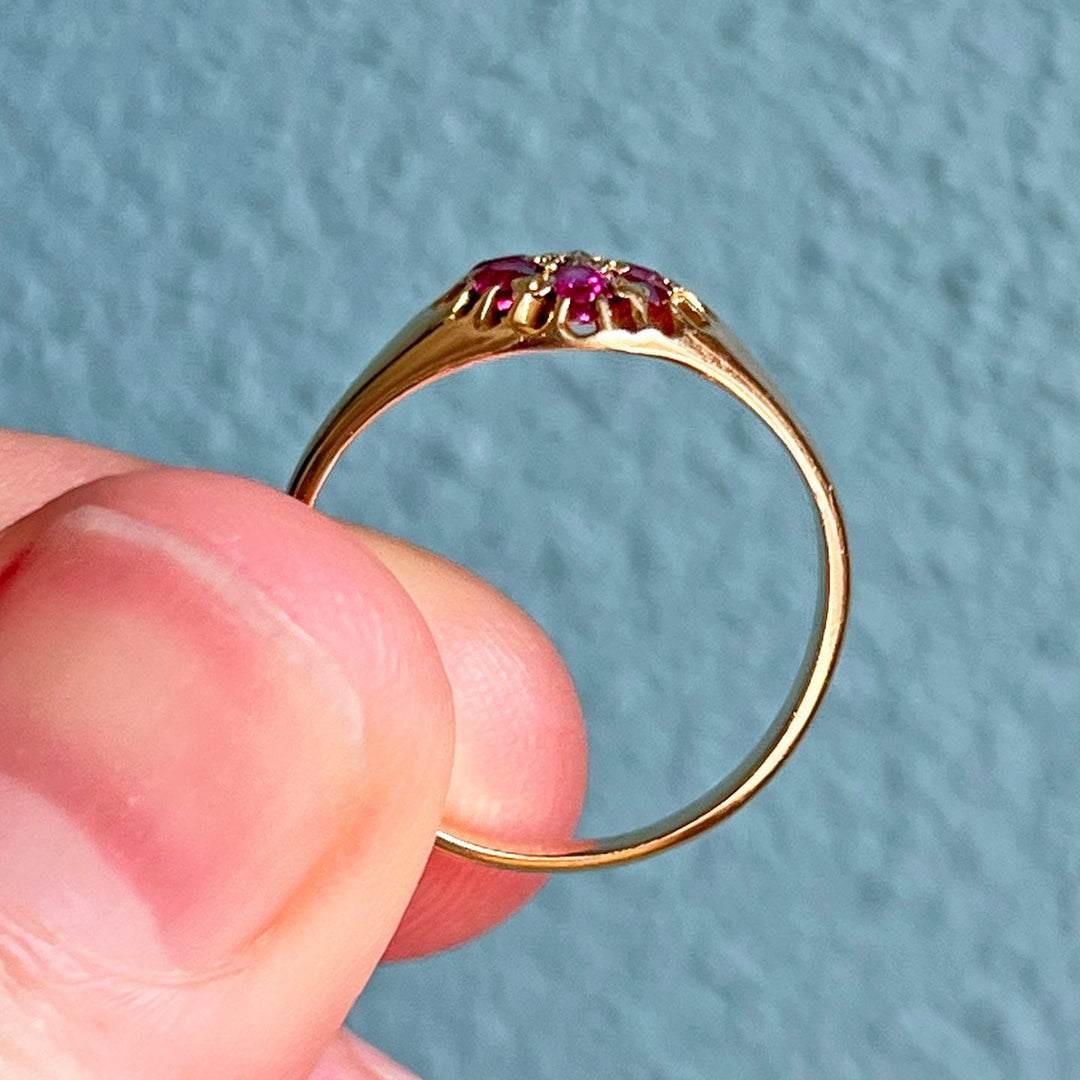 Antique Ruby and Diamond Floral Cluster Gold Ring