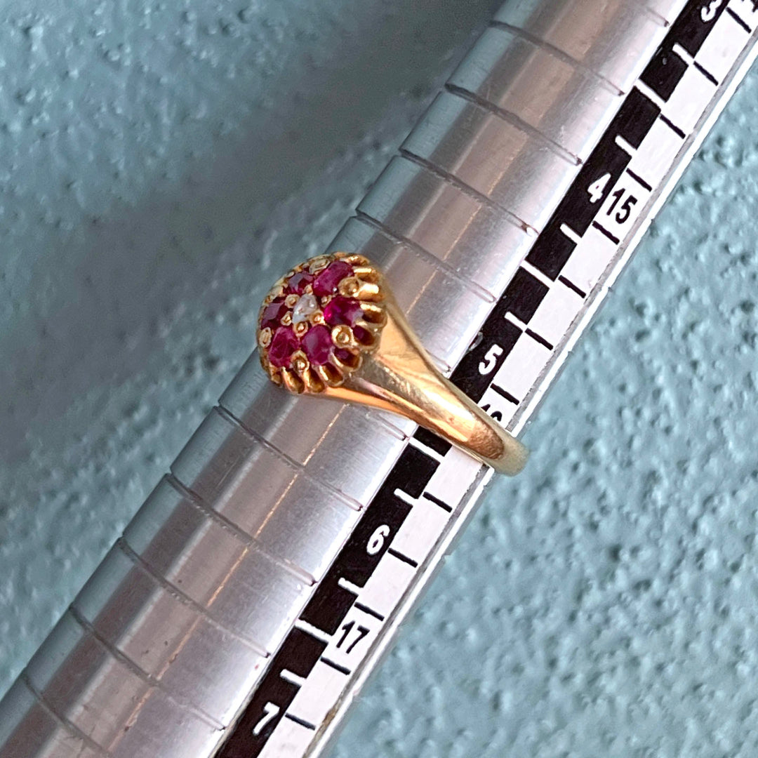 Antique Ruby and Diamond Floral Cluster Gold Ring