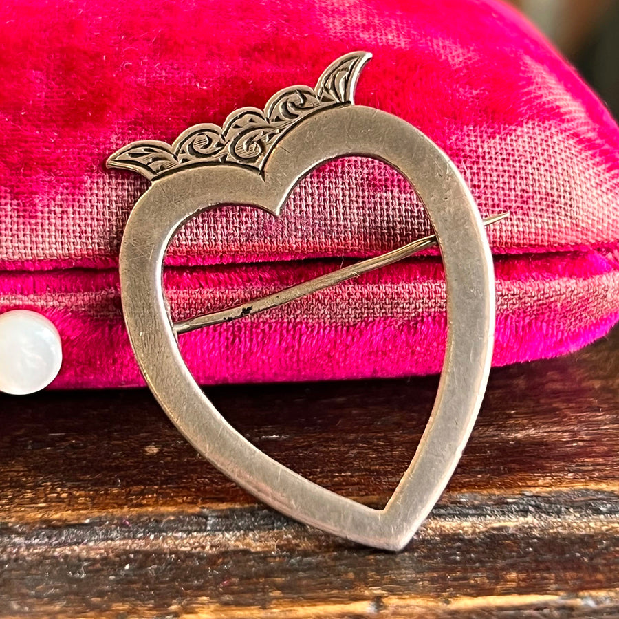 Antique Scottish Sterling Silver Brooch Crowned Heart, c. 1890