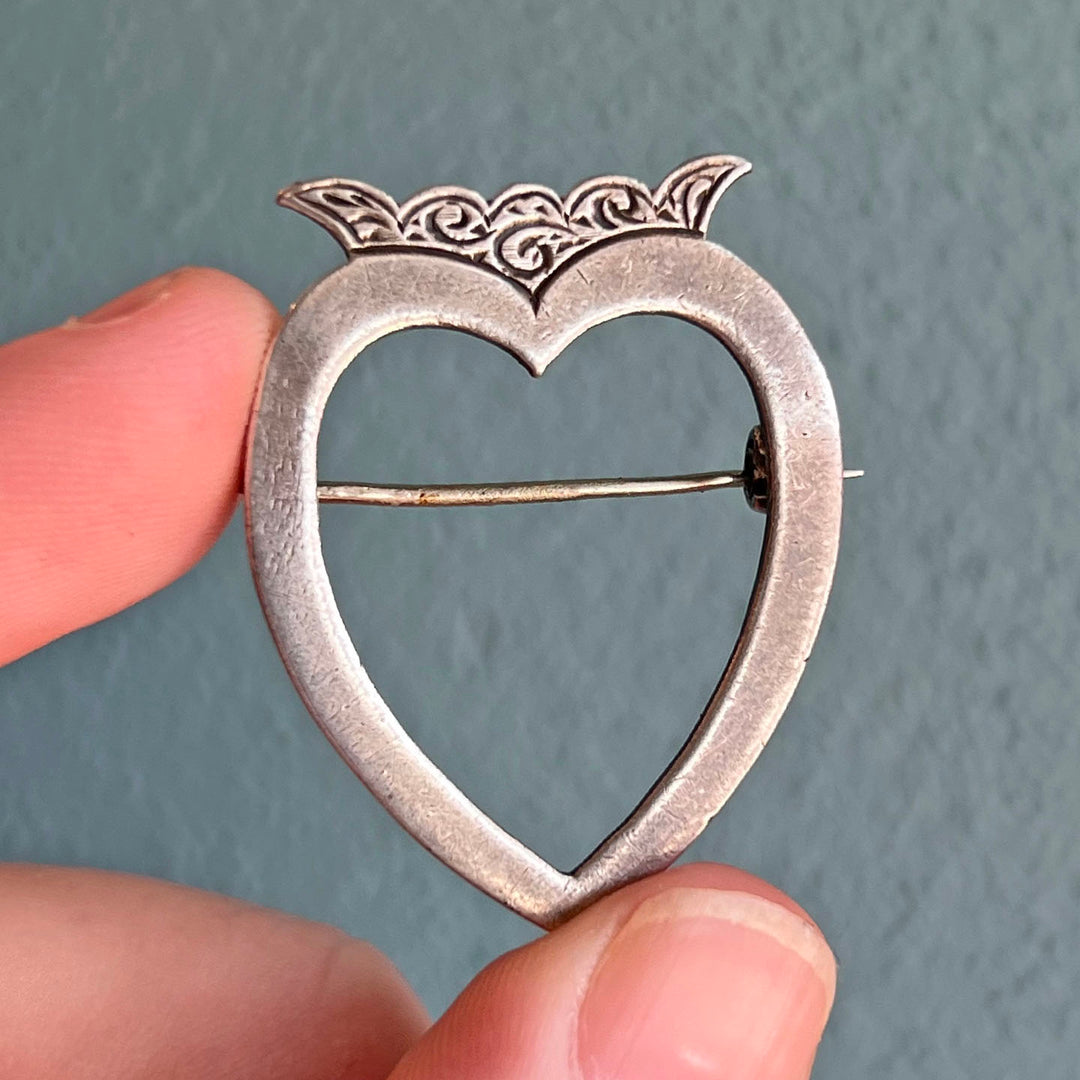 Antique Scottish Sterling Silver Brooch Crowned Heart, c. 1890