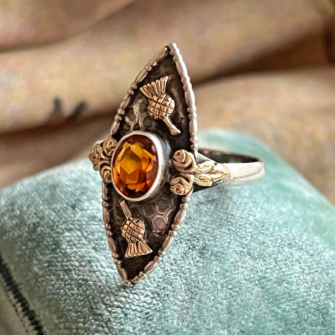 Antique Scottish silver thistle citrine ring