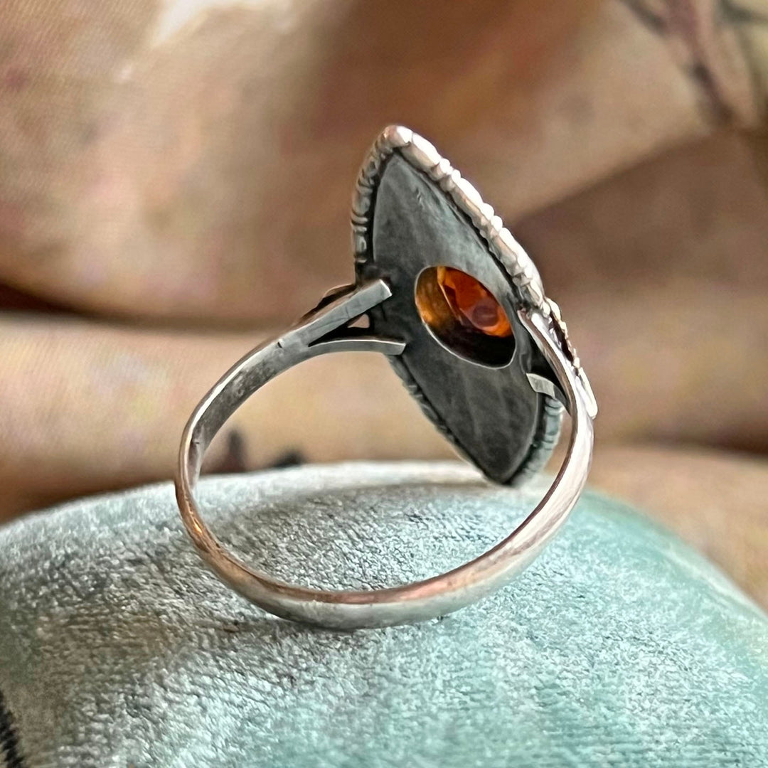 Close up citrine gemstone antique silver ring