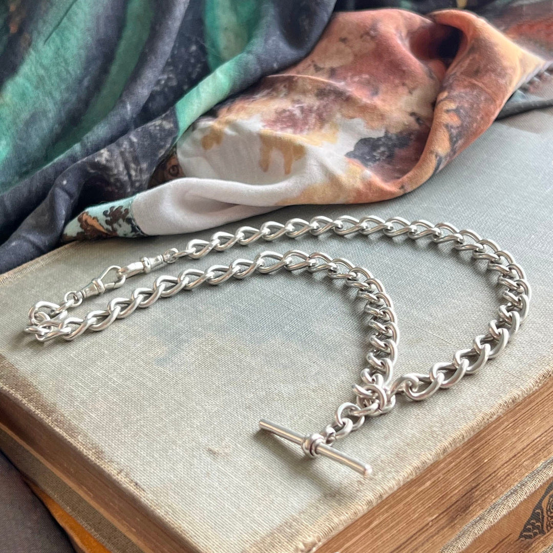 Antique Silver Albert Watch Chain Necklace with T Bar, c.1900 Edwardian