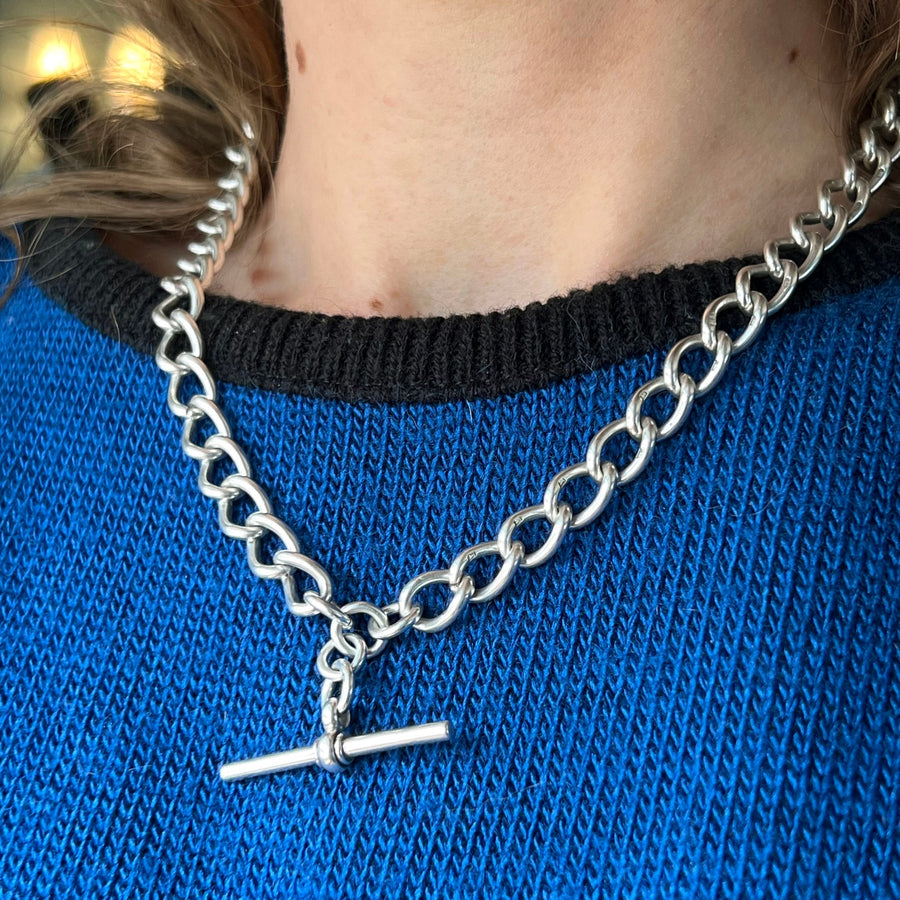 Antique Silver Albert Watch Chain Necklace with T Bar, c.1900 Edwardian