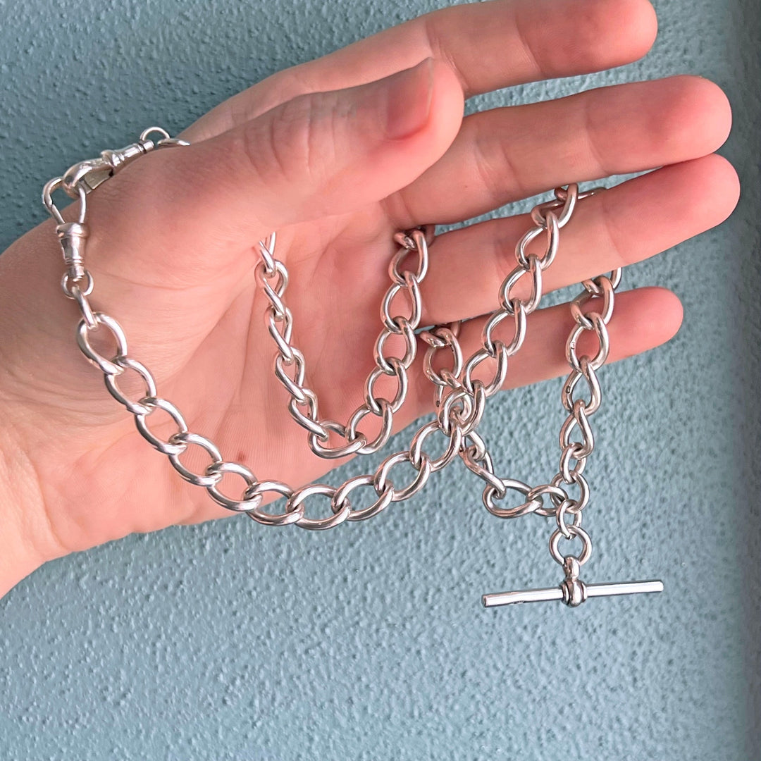 Antique Silver Albert Watch Chain Necklace with T Bar, c.1900 Edwardian