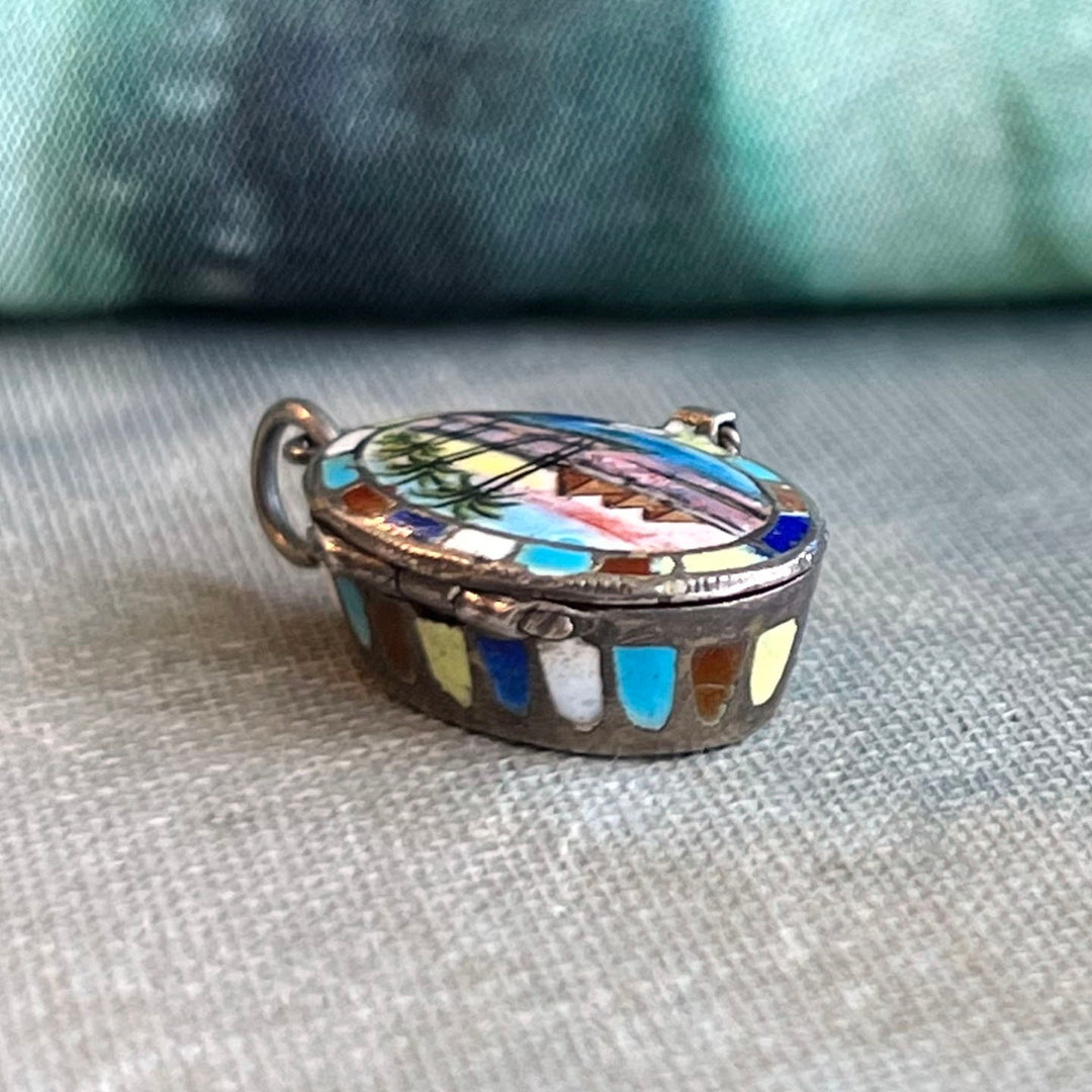 Detail of colorful enamel scene Egyptian Revival locket
