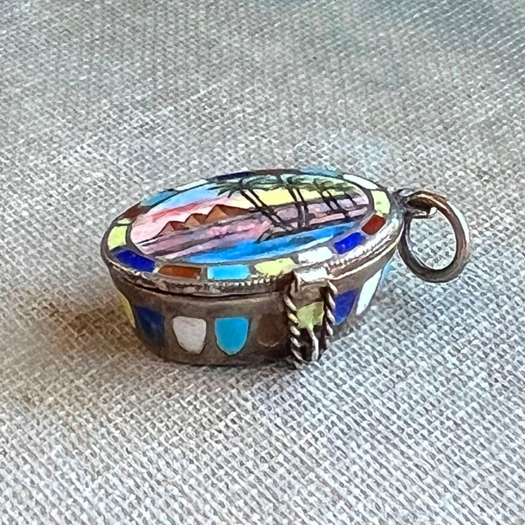 Side view antique silver enamel locket pendant