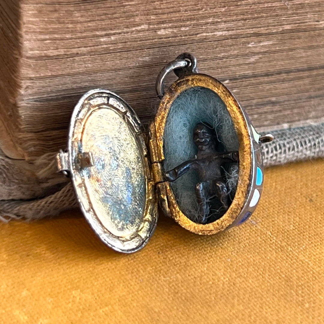 Antique silver enamel locket classic Egyptian design