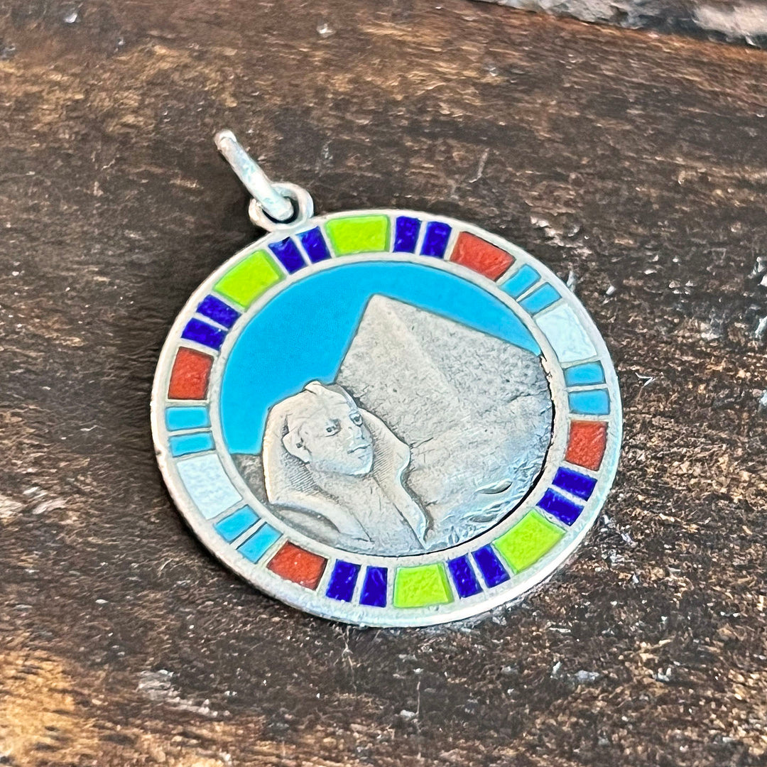 Antique Silver Enamel Pendant Egyptian Revival with Sphinx and Pyramid, c. 1925