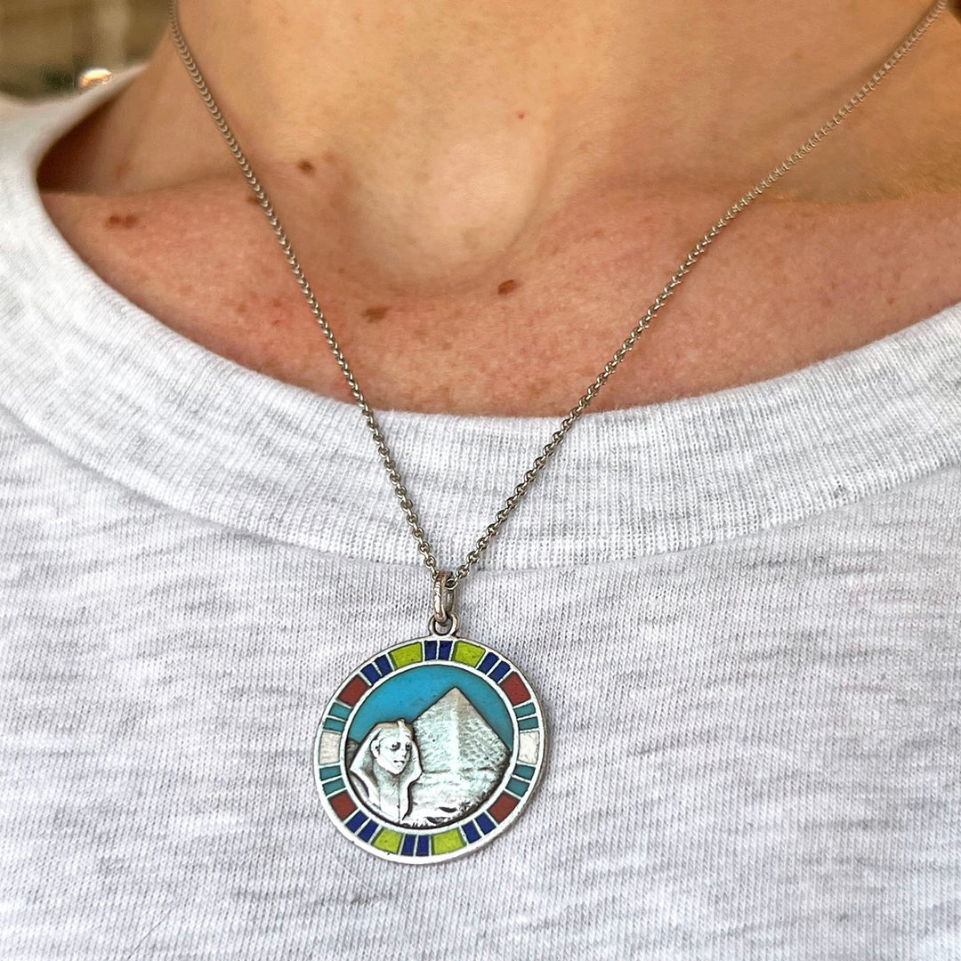 Antique Silver Enamel Pendant Egyptian Revival with Sphinx and Pyramid, c. 1925