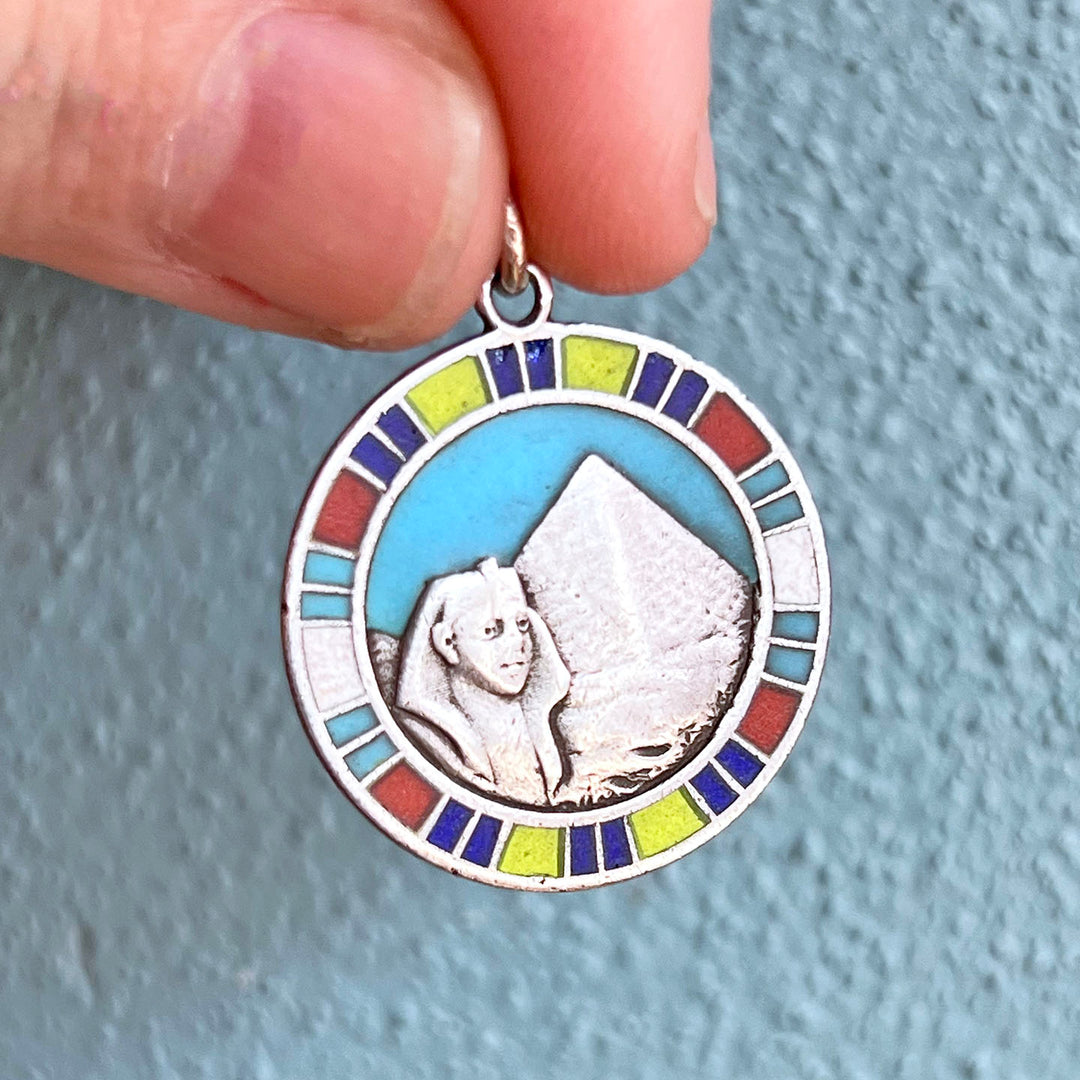 Antique Silver Enamel Pendant Egyptian Revival with Sphinx and Pyramid, c. 1925