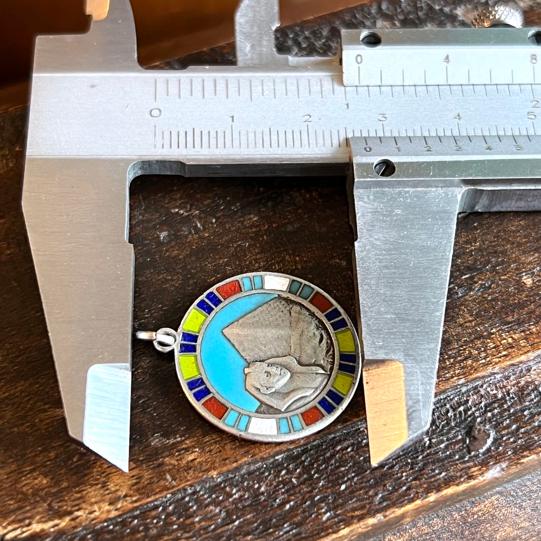 Antique Silver Enamel Pendant Egyptian Revival with Sphinx and Pyramid, c. 1925