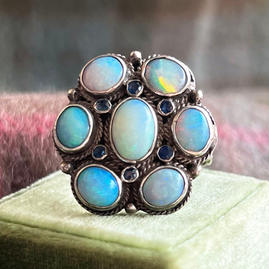 Antique Silver Opal and Sapphire Flower Ring, Circa 1920