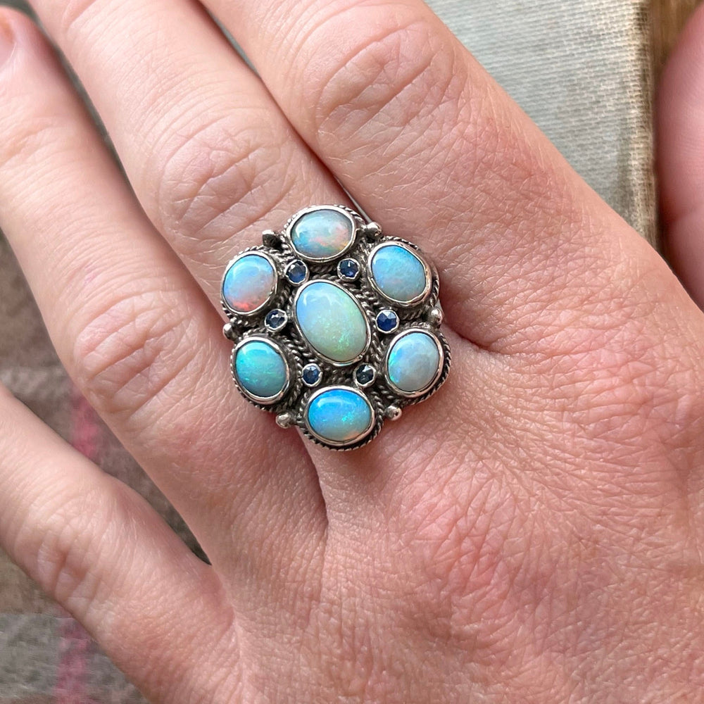 Antique Silver Opal and Sapphire Flower Ring, Circa 1920